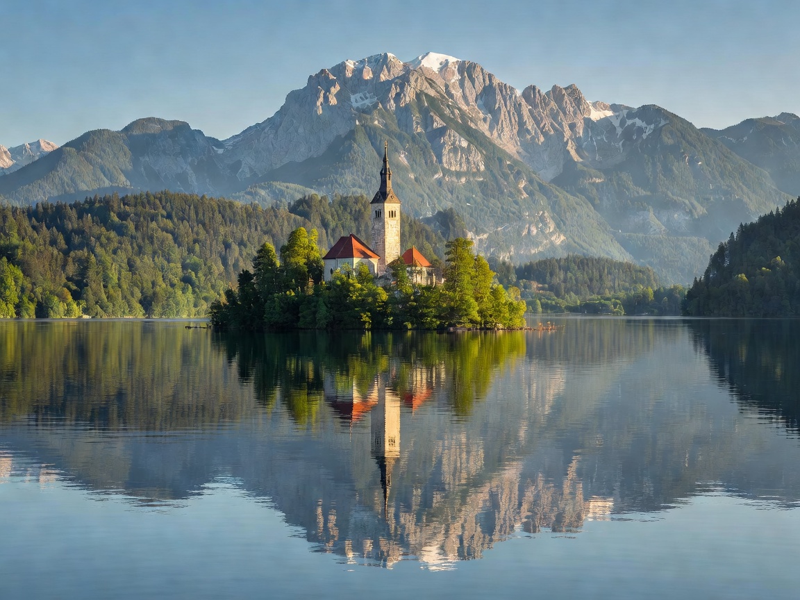 Bled Lake Slovenia with island church in middle surrounded by Julian Alps