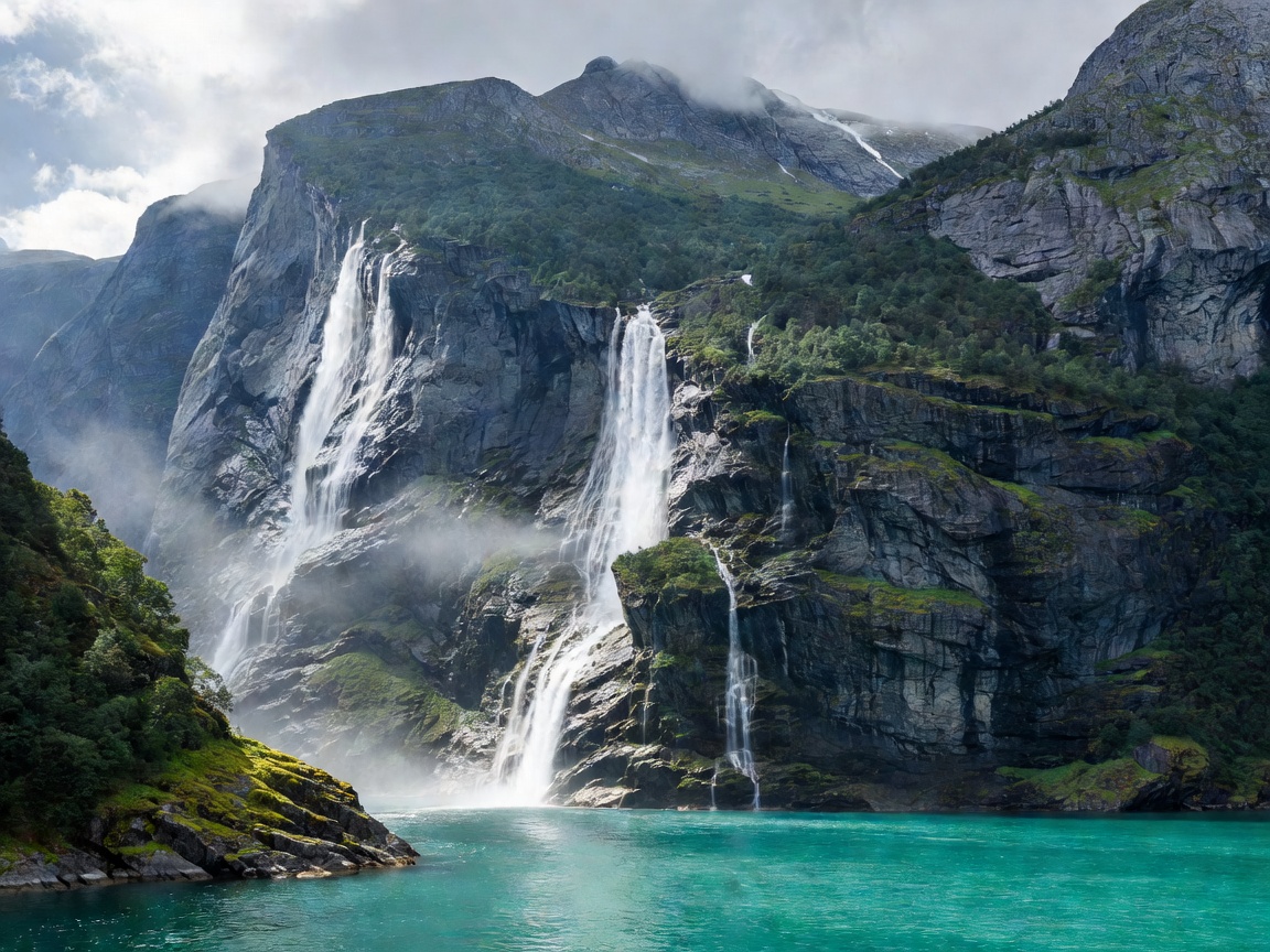 Geirangerfjord Norway steep dark cliffs with cascading waterfalls and turquoise sea waters