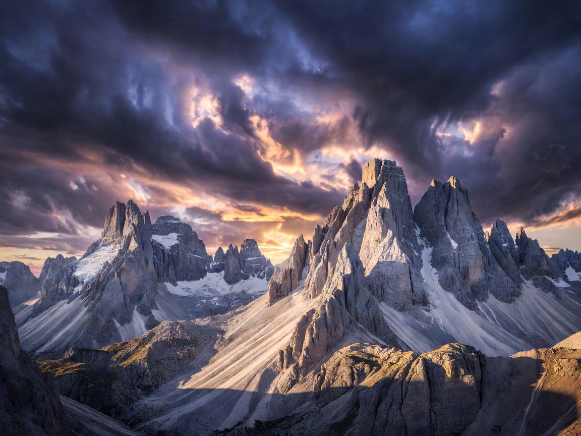 Tre Cime di Lavaredo rugged mountain peaks in the Italian Dolomites at golden hour