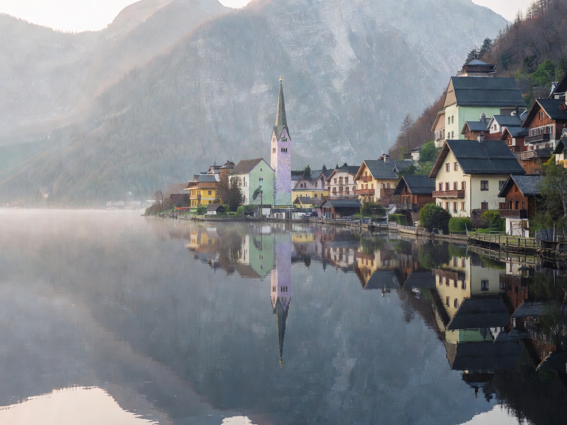 Lake Hallstatt with traditional Austrian alpine houses and misty mirror reflection