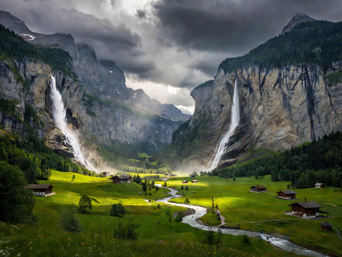 Lauterbrunnen valley in Switzerland with Staubbach Falls falling over giant sheer cliffs