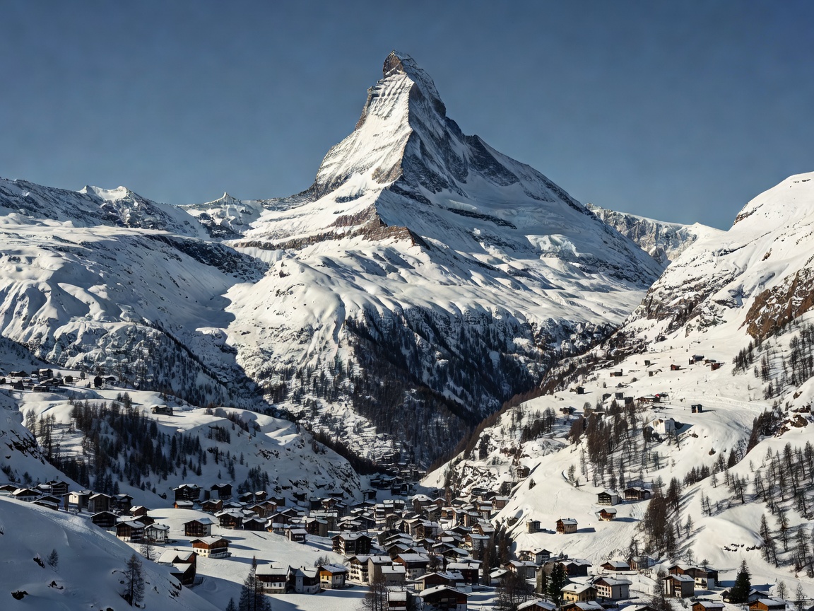 Matterhorn pyramid peak towering above Zermatt valley in Switzerland