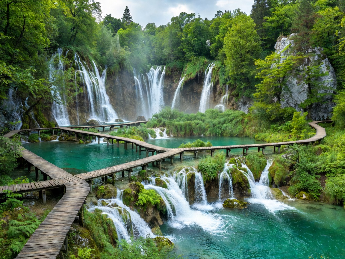Plitvice Lakes cascading turquoise waterfalls connected by wooden boardwalks