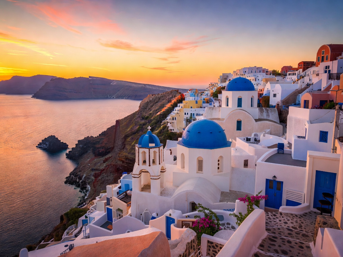 Santorini Oia white houses with blue domes looking over caldera sea at sunset