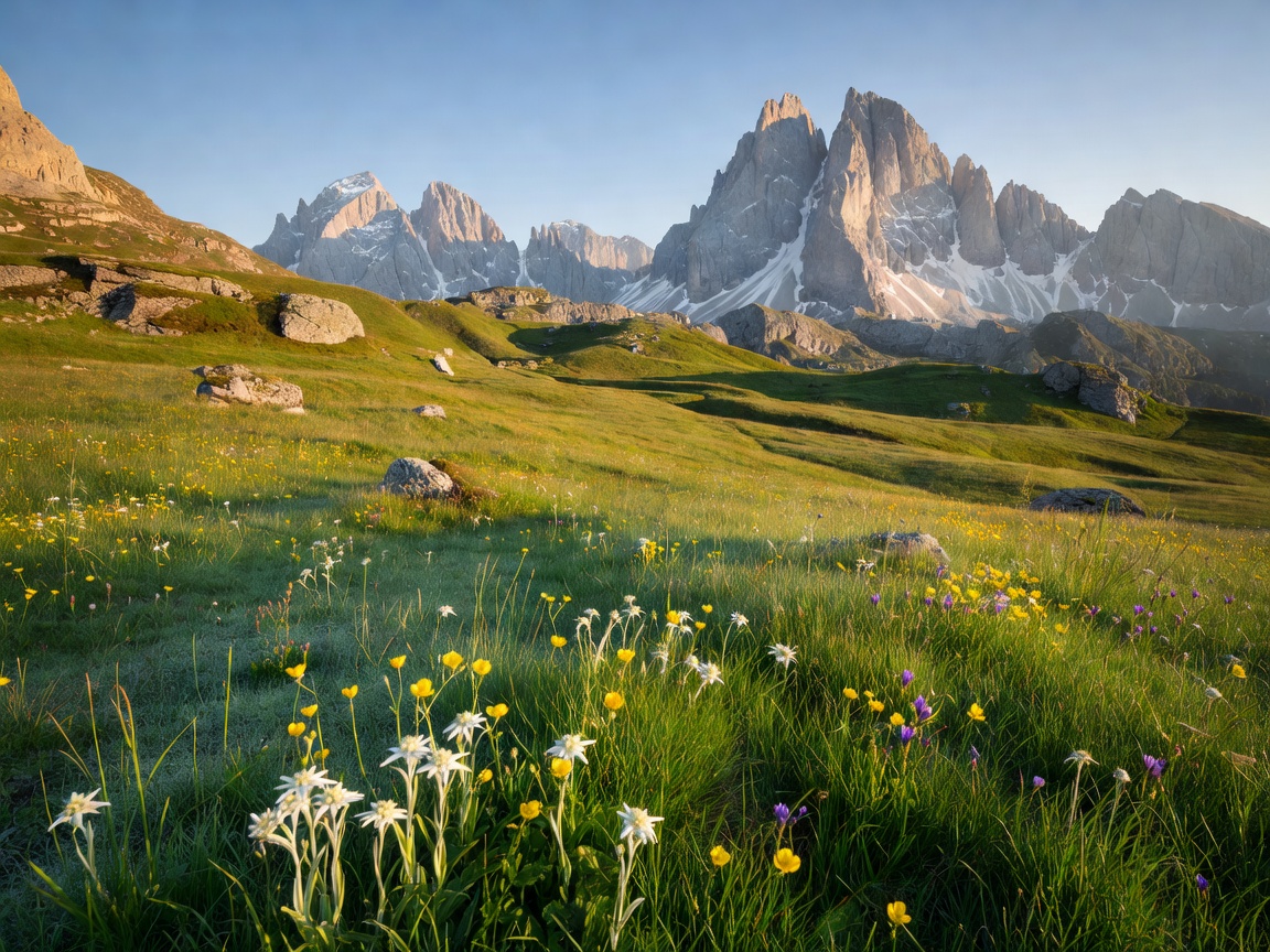 Val di Funes green alpine meadow with the Odle mountain peaks in the background