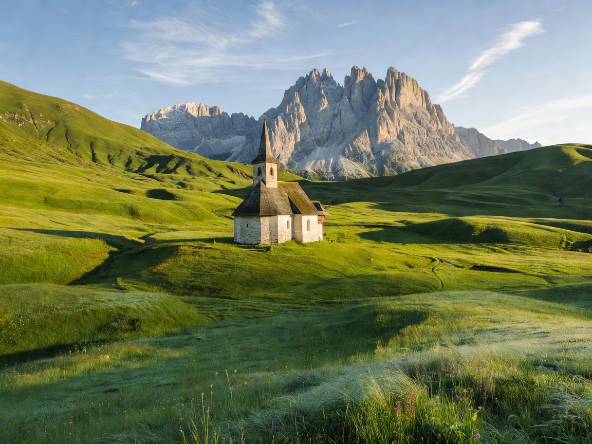 Val di Funes lush green valley with traditional church and Odle mountain group in backdrop